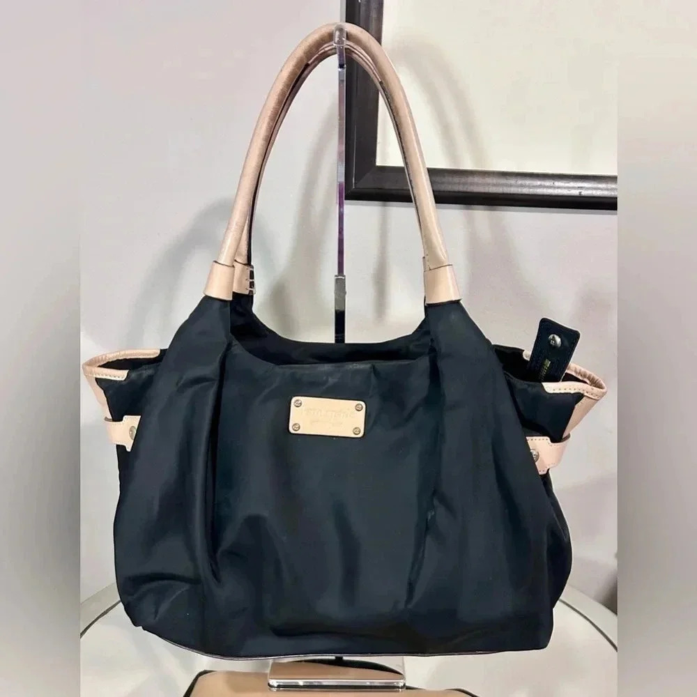 Gently Used KATE SPADE Black Nylon Shoulder Bag W/Tan Leather Handles
